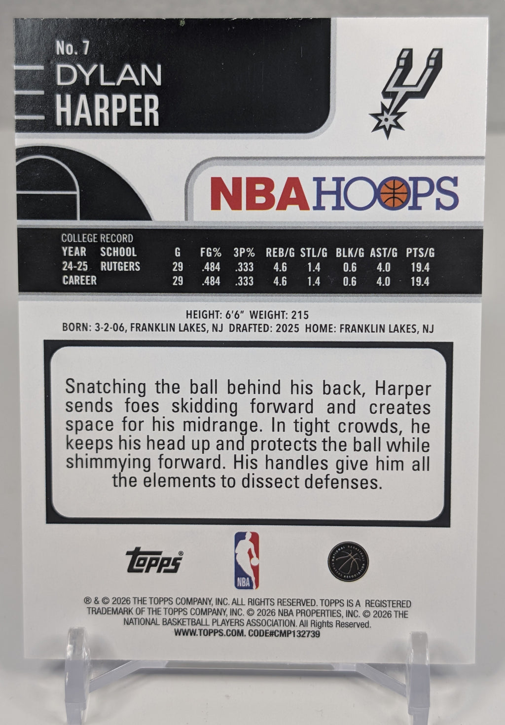 2025-26 Hoops Dylan Harper #7 Pixel Burst Bue RC,SN /149 San Antonio Spurs