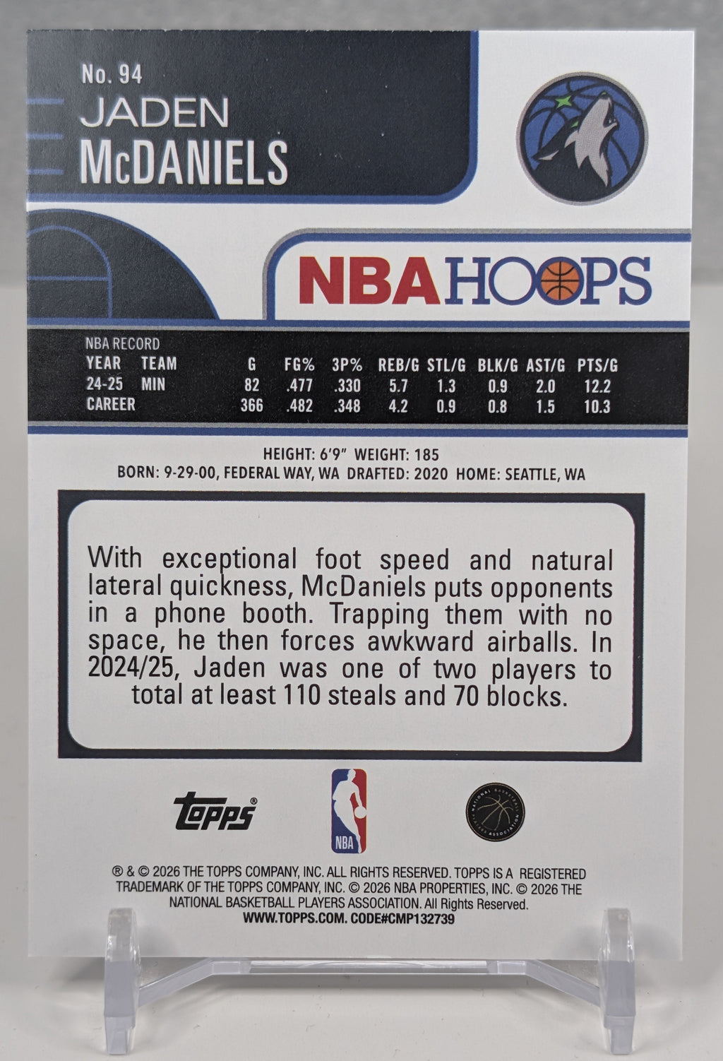 2025-26 Hoops Jaden McDaniels #94 Pixel Burst Minnesota Timberwolves