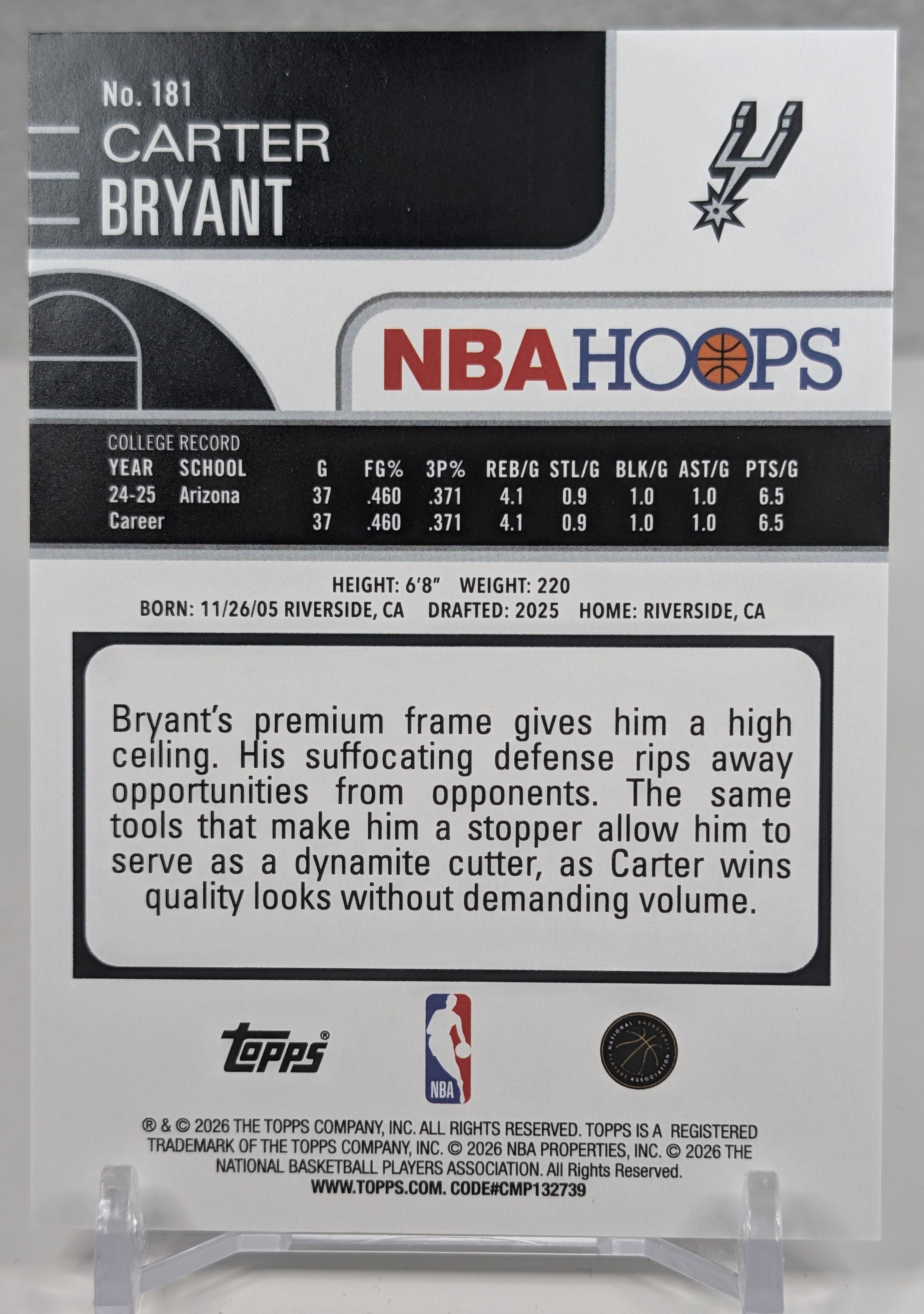 2025-26 Hoops Carter Bryant #181 Rainbow RC San Antonio Spurs
