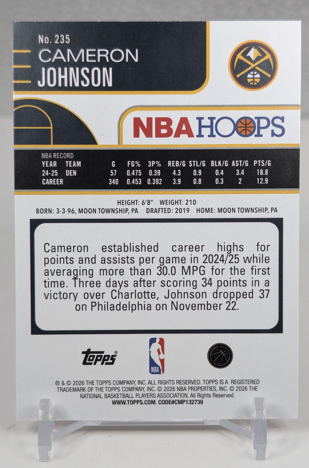 2025-26 Hoops Cameron Johnson #235 Orange Hoops Denver Nuggets