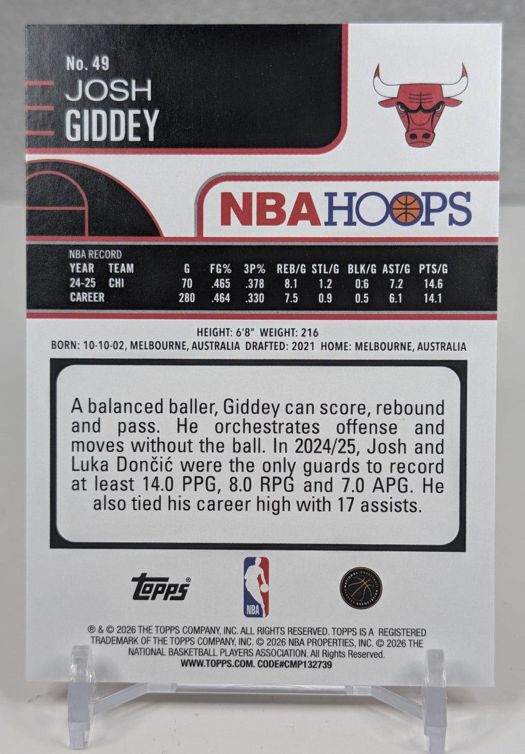 2025-26 Hoops Josh Giddey #49 Orange Hoops Chicago Bulls