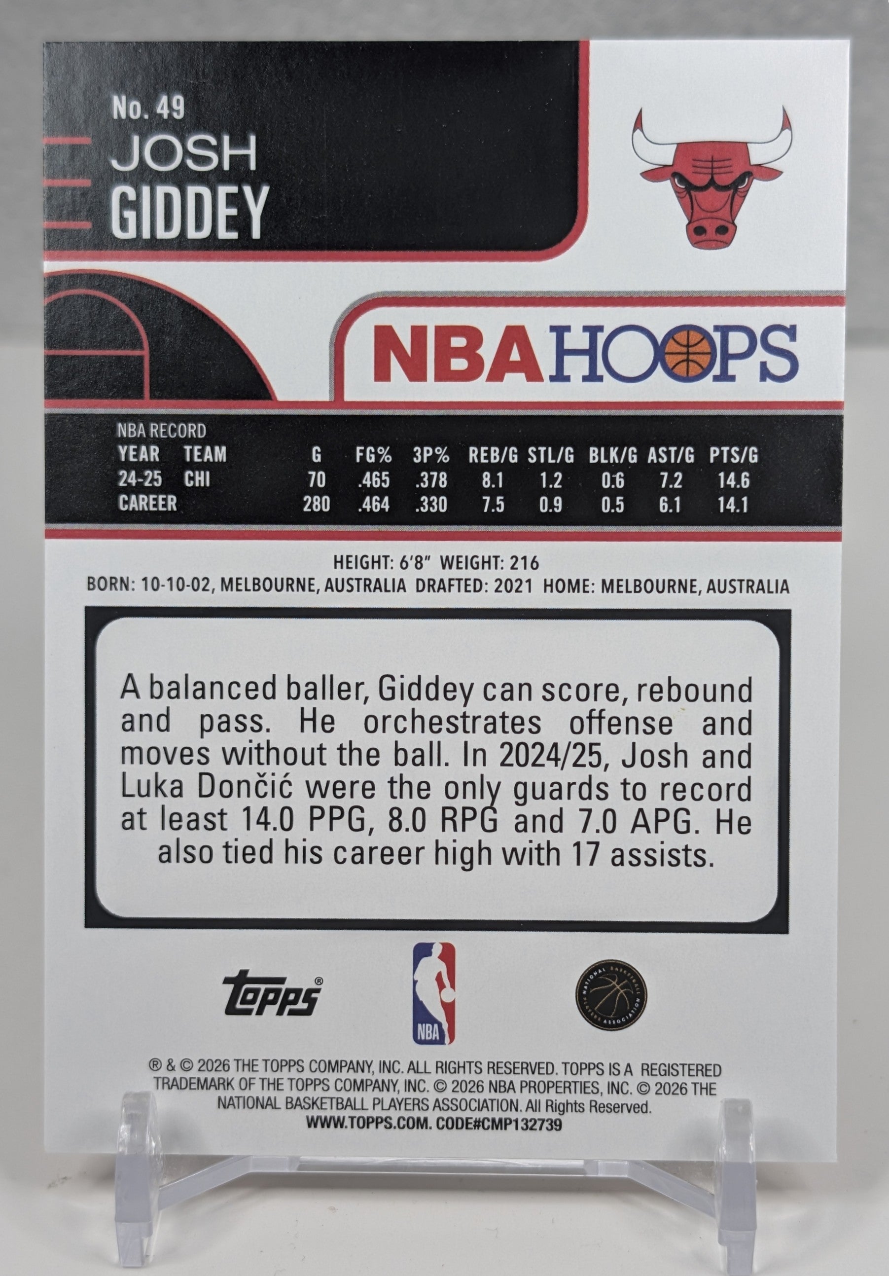 2025-26 Hoops Josh Giddey #49 Orange Hoops Chicago Bulls